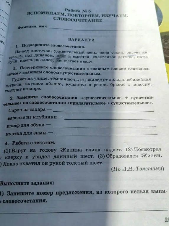 Подчеркни словосочетания в предложении. Запиши номер предложения, из которого нельзя выписать словосочетания.