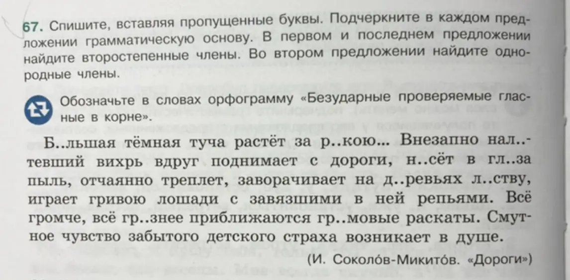 Помоги с упражнением: спиши текст, вставляя пропущенные буквы, подчеркни в каждом предложении грамматическую основу, найди второстепенные члены в первом и последнем предложении, найди однородные члены во втором предложении.