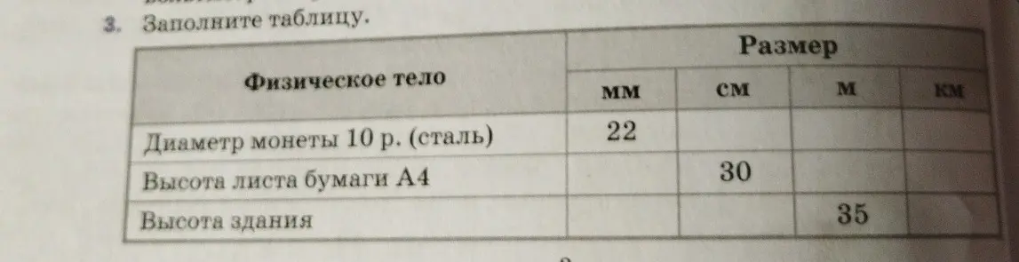 Заполни таблицу, переведя значения в разные единицы измерения: миллиметры, сантиметры, метры и километры