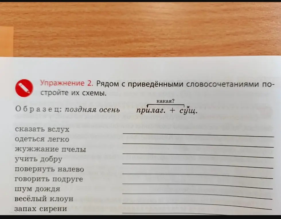 Составь схемы словосочетаний: сказать вслух, одеться легко, жужжание пчелы, учить добру, повернуть налево, говорить подруге, шум дождя, весёлый клоун, запах сирени