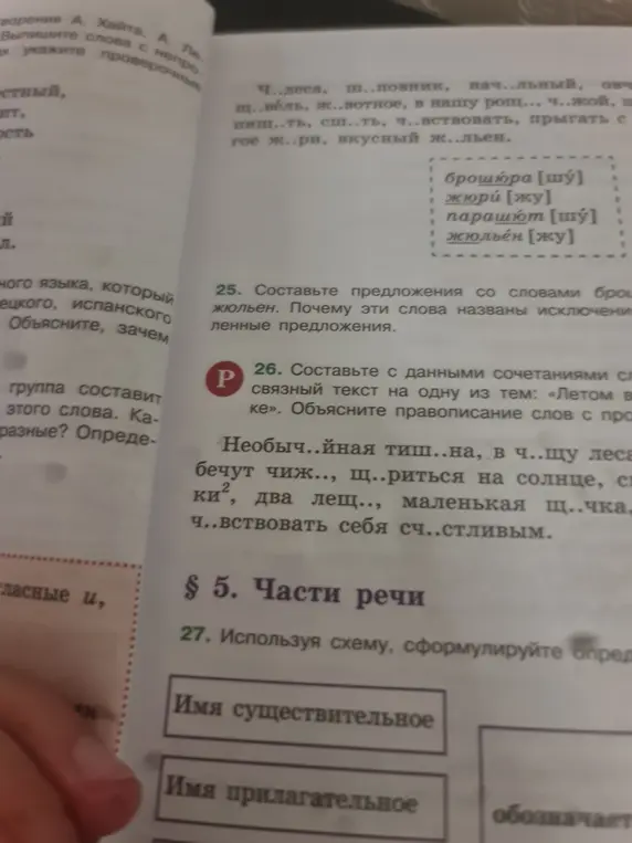 Объясни, как составить связный текст и вставить пропущенные буквы в словах: необыч..йная тиш..на, в ч..щу леса бегут чиж.., щ..риться на солнце и т.д. Сформулируй определение имени существительного.