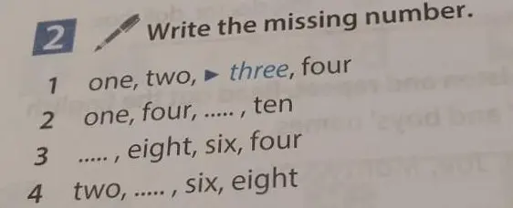 Напиши пропущенное число в последовательности one, four, ..., ten