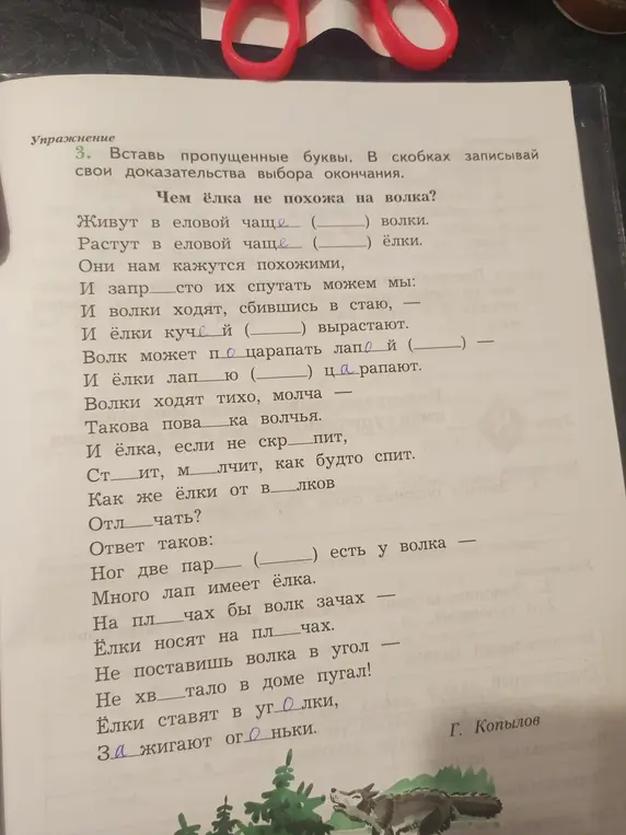Ты просишь вставить пропущенные буквы и указать доказательства выбора окончания в упражнении про ёлку и волка