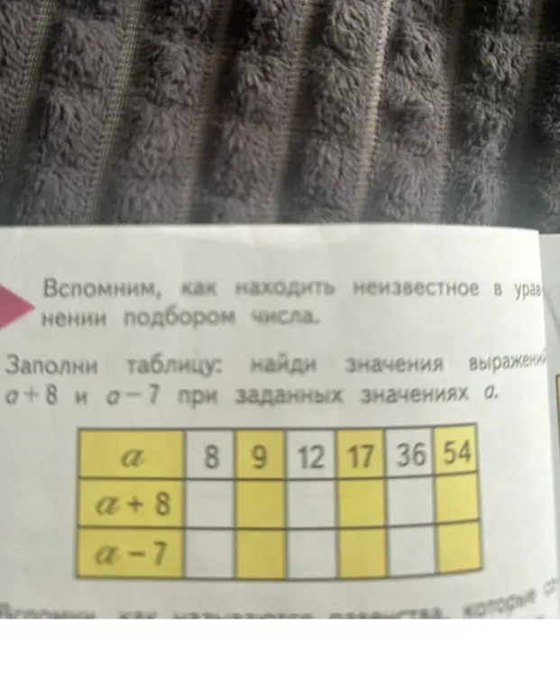 Предложи мне заполнить таблицу, вычислив значения выражений a+8 и a-7 при заданных значениях a
