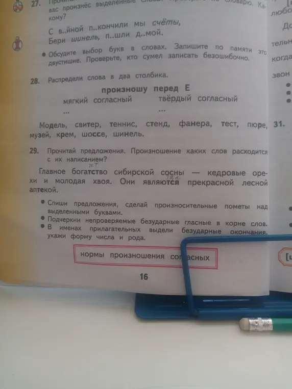 Распредели слова в два столбика: произношу перед Е мягкий согласный, произношу перед Е твёрдый согласный.