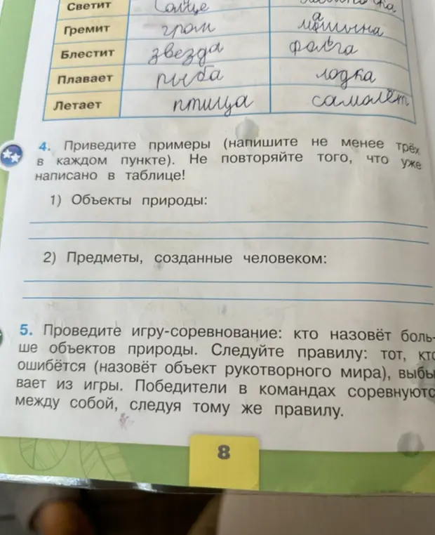 Приведи примеры объектов природы и предметов, созданных человеком, не повторяя того, что уже написано в таблице