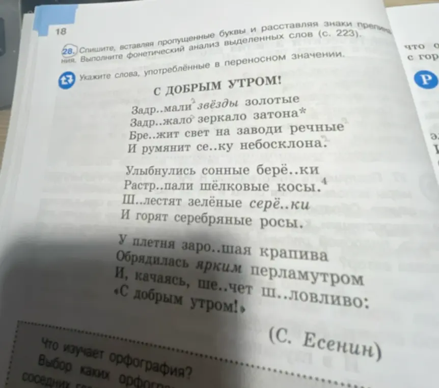 Укажи слова, употреблённые в переносном значении в стихотворении Есенина 'С добрым утром!'