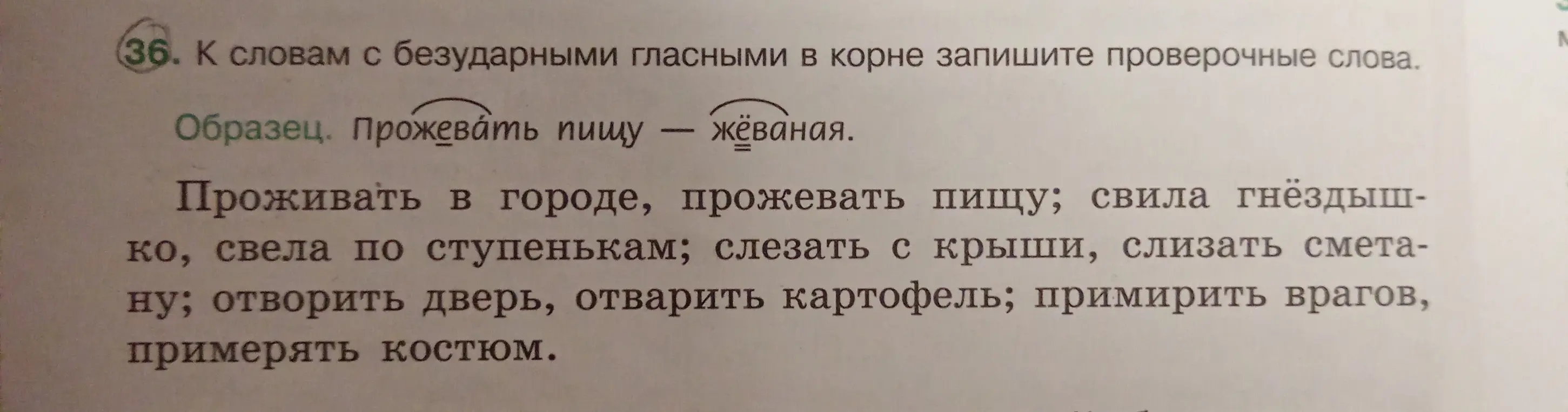 Подбери проверочные слова к словам с безударными гласными в корне: проживать, прожевать, свила, свела, слезать, слизать, отворить, отварить, примирить, примерять.