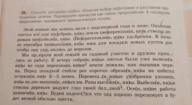 Выполни упражнение: спиши текст, раскрой скобки, объясняя выбор орфограмм, расставь пропущенные запятые, подчеркни причастия как члены предложения.