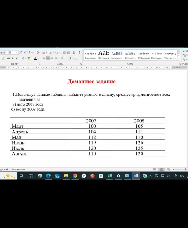 Используя данные таблицы, найди размах, медиану, среднее арифметическое всех значений за лето 2007 года