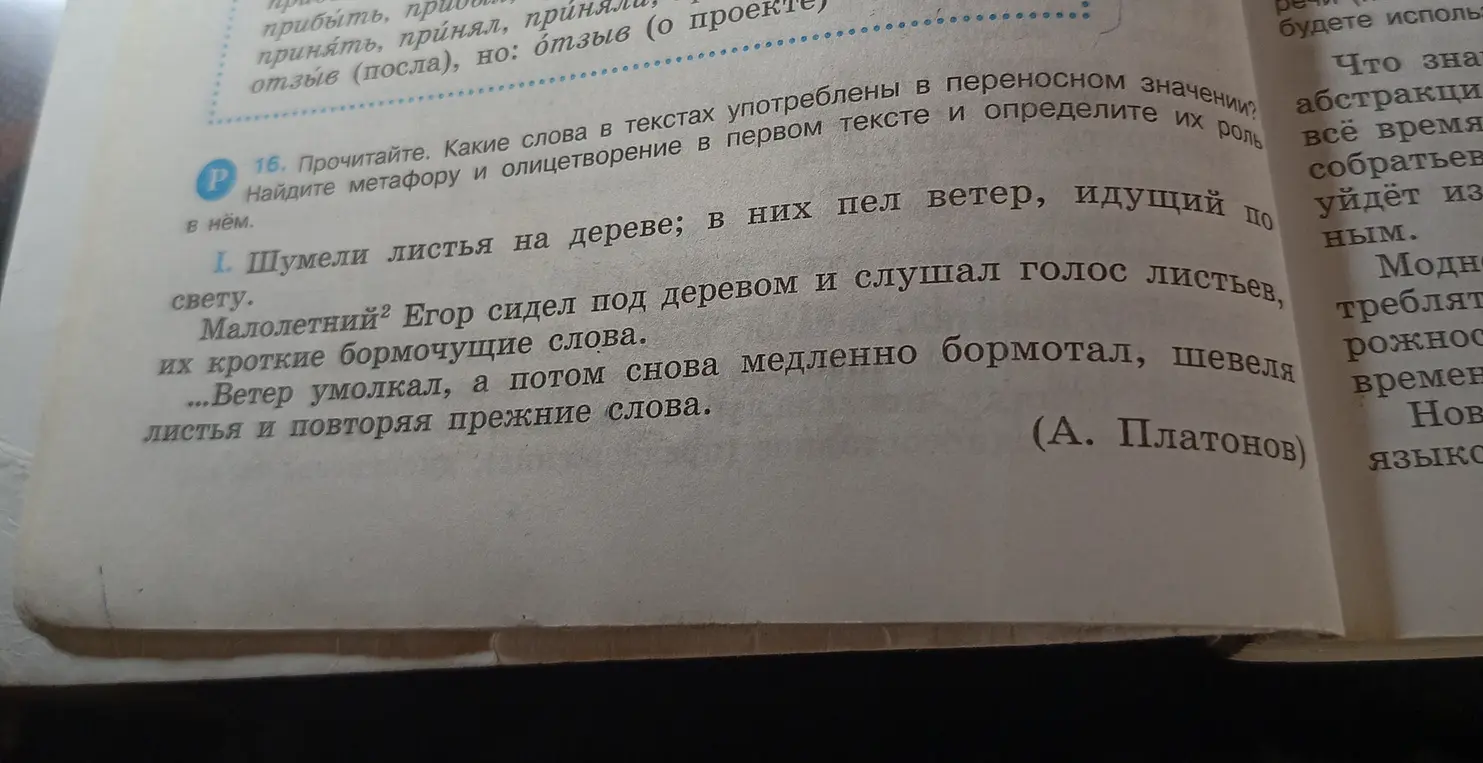 Какие метафоры и олицетворения есть в тексте про листья и ветер?