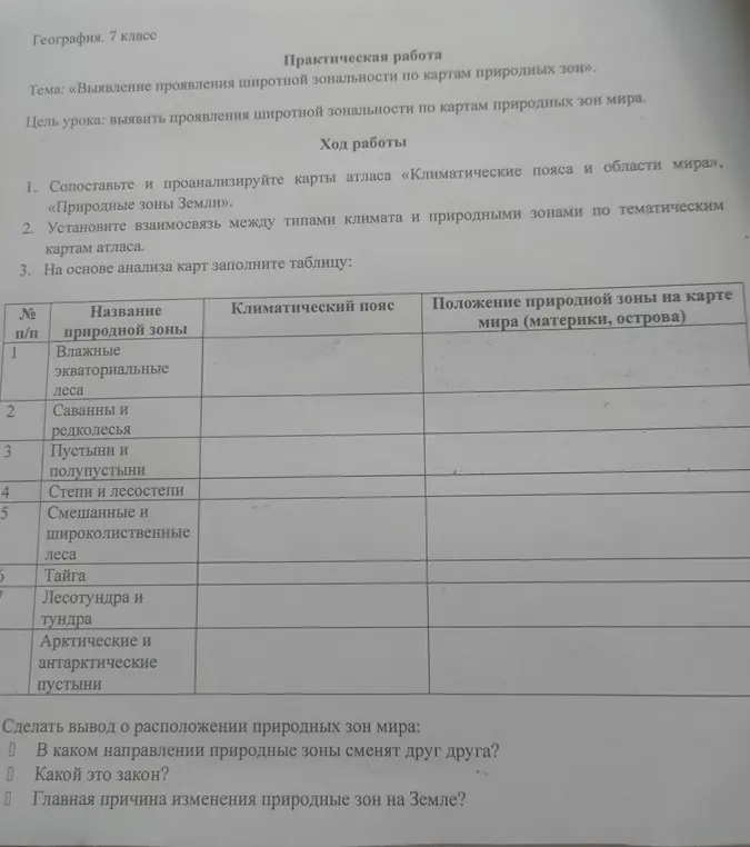 Можешь ли ты помочь мне заполнить таблицу про климатические пояса и природные зоны?