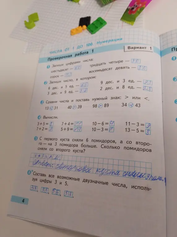 Выполни задания: запиши цифрами числа шестьдесят, тридцать четыре, сорок, восемьдесят девять, запиши число, в котором 6 дес. и 5 ед., сравни числа и поставь нужный знак, вычисли, реши задачу про кусты с помидорами, составь все возможные двузначные числа, используя цифры 3 и 5