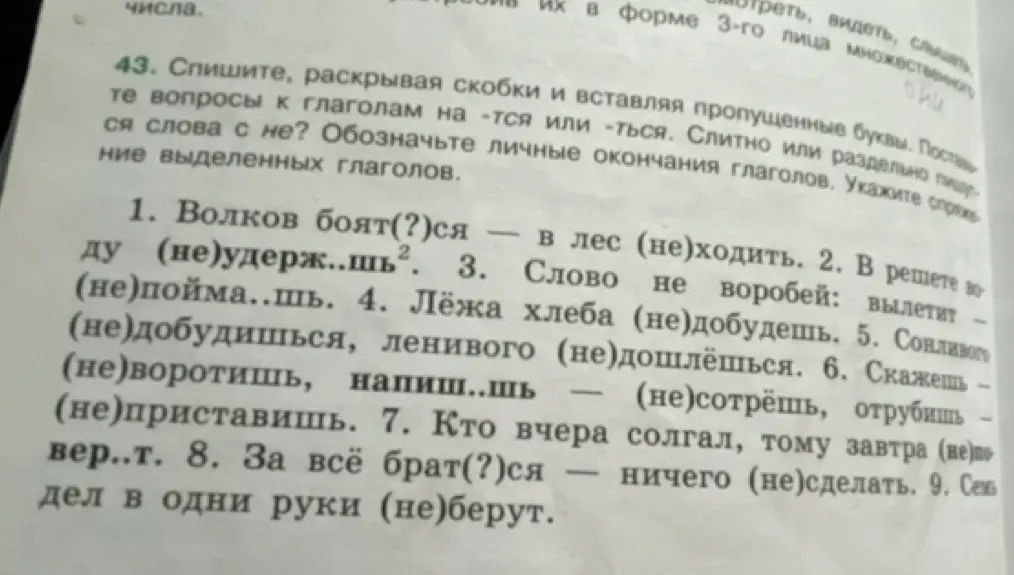 Ты просишь списать, раскрывая скобки и вставляя пропущенные буквы в предложении: 'Волков боят(?)ся – в лес (не)ходить.'