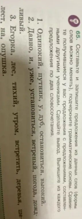 Составь и запиши предложения из данных слов (формы слов можно менять), подчеркни грамматические основы. Выпиши из каждого предложения по два словосочетания.