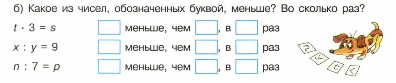 Объясни, какое из чисел, обозначенных буквой, меньше и во сколько раз в уравнениях t * 3 = s, x : y = 9, n : 7 = p