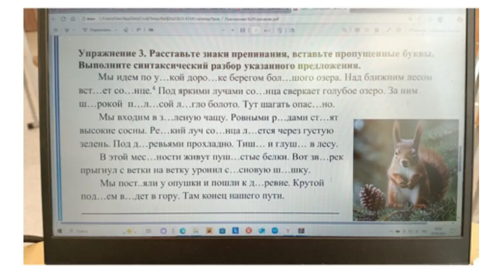 Выполни упражнение: расставь знаки препинания и вставь пропущенные буквы в предложении 'Мы идем по у...кой доро...ке берегом бол...шого озера.'