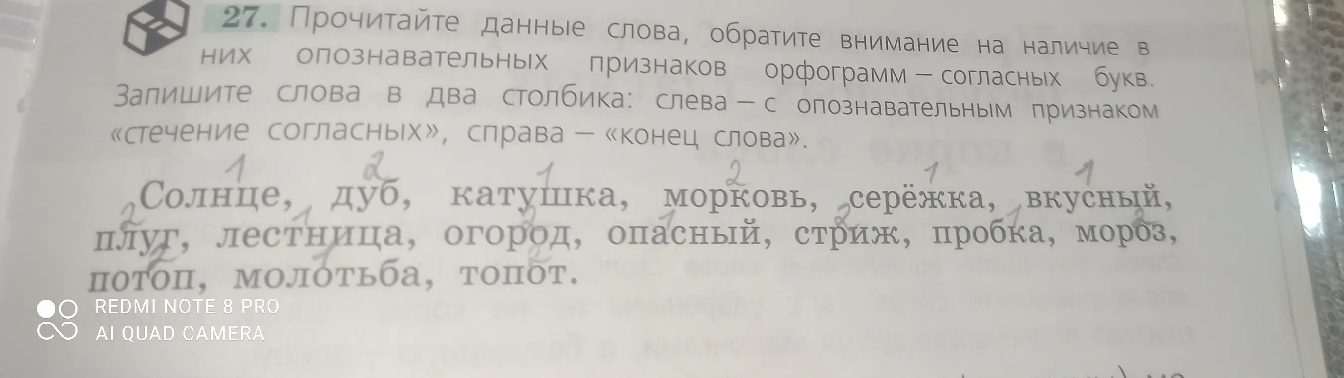 Выполни задание: Запиши слова в два столбика: слева — с опознавательным признаком «стечение согласных», справа — «конец слова».