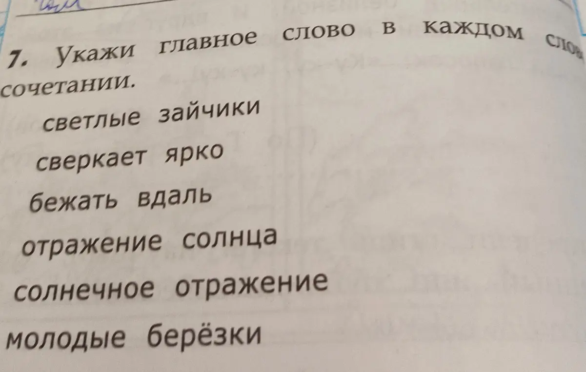Укажи главное слово в словосочетаниях: светлые зайчики, сверкает ярко, бежать вдаль, отражение солнца, солнечное отражение, молодые берёзки