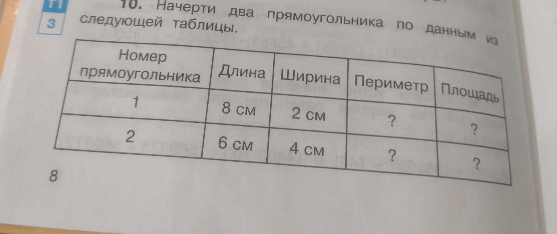 Вычисли периметр и площадь двух прямоугольников по данным из таблицы
