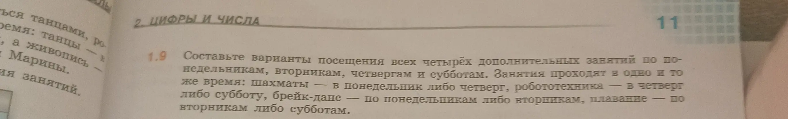 Составь варианты посещения всех четырёх дополнительных занятий по понедельникам, вторникам, четвергам и субботам