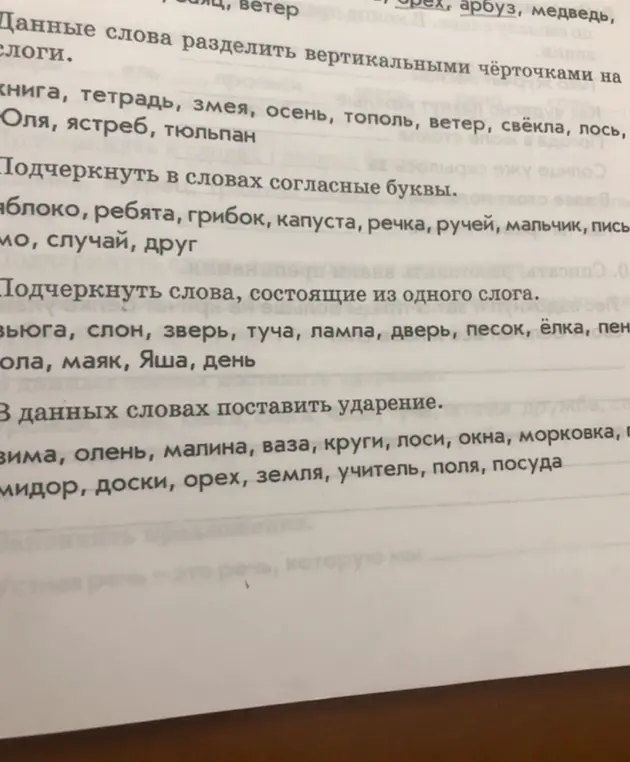 Выполни разделение слов на слоги, подчеркни согласные буквы, слова из одного слога и поставь ударения
