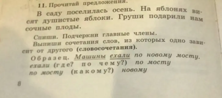 Помоги выполнить упражнение: cпиши предложения, подчеркни главные члены, выпиши словосочетания, в которых одно слово зависит от другого
