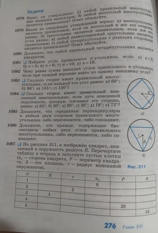 Можешь ли ты заполнить таблицу на рисунке 311, а изображён квадрат, вписанный в окружность радиуса R?