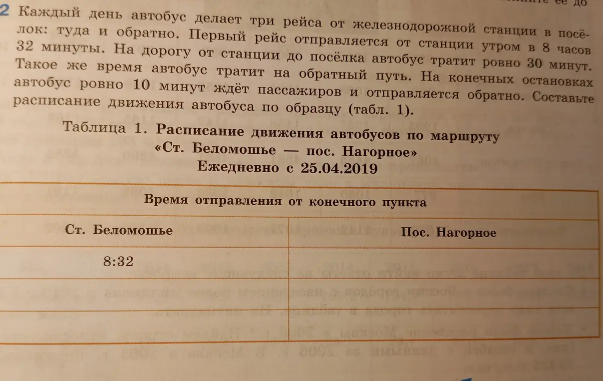Помоги составить расписание движения автобуса по образцу (табл. 1)