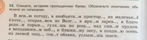 Мне нужно вставить пропущенные буквы, обозначить окончания и объяснить их написание в упражнении по русскому языку.