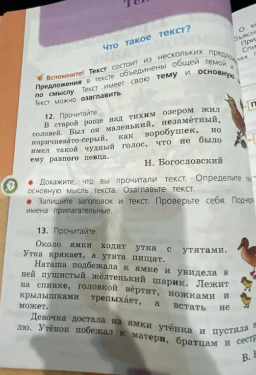 Определи основную мысль текста про соловья, озаглавь текст и подчеркни имена прилагательные