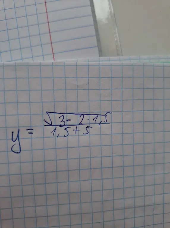 Вычисли значение выражения y = корень квадратный из (3 - 2 * 1,5) / (1,5 + 5)