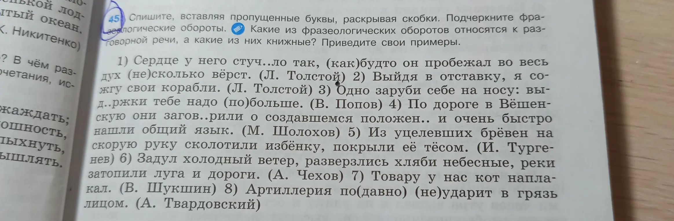 Выполни задание: спиши текст, вставляя пропущенные буквы и раскрывая скобки, и подчеркни фразеологические обороты