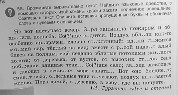Предлагаешь прочитать выразительно текст, найти языковые средства, с помощью которых изображены краски заката, солнечное освещение, озаглавить текст, списать, вставляя пропущенные буквы и обозначая слова с нулевым окончанием.