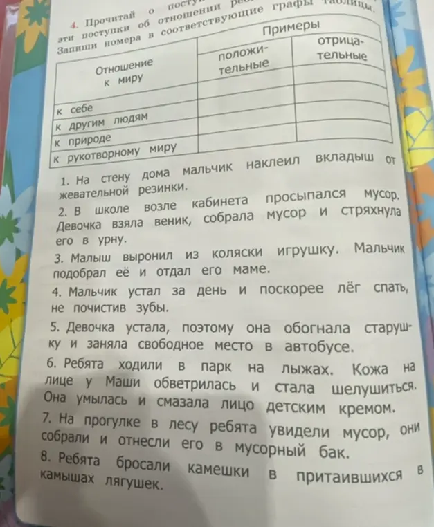 Прочитай о поступки об отношении ре и запиши номера в соответствующие графы таблицы