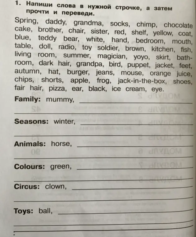 Распредели слова по категориям: Family, Seasons, Animals, Colours, Circus, Toys