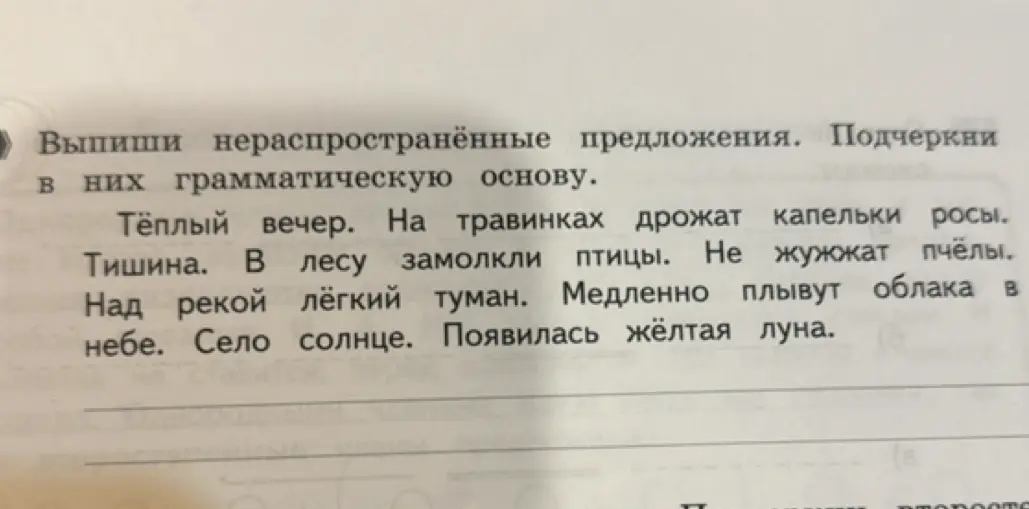 Выпиши нераспространённые предложения из текста и подчеркни грамматическую основу.