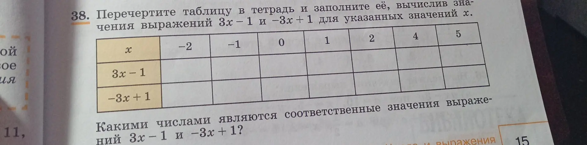 Перечерти таблицу в тетрадь и заполни её, вычислив значения выражений 3x – 1 и 3x + 1 для указанных значений х