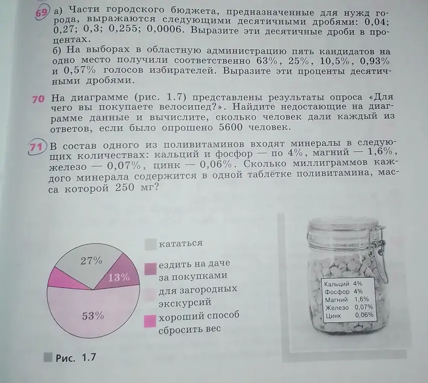 Помоги выразить десятичные дроби в процентах, проценты десятичными дробями. Найди недостающие на диаграмме данные и вычисли, сколько человек дали каждый из ответов. Вычисли, сколько миллиграммов каждого минерала содержится в одной таблетке поливитамина.