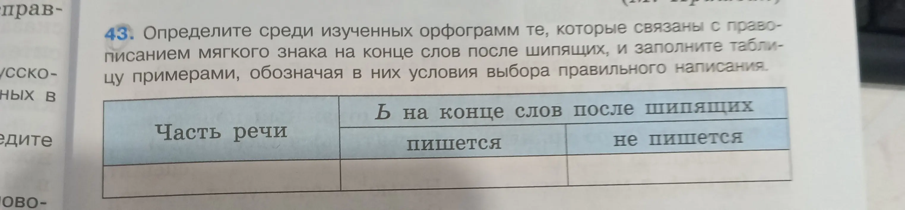 Предложи заполнить таблицу примерами, которые связаны с правописанием мягкого знака на конце слов после шипящих, и обозначь условия выбора правильного написания.