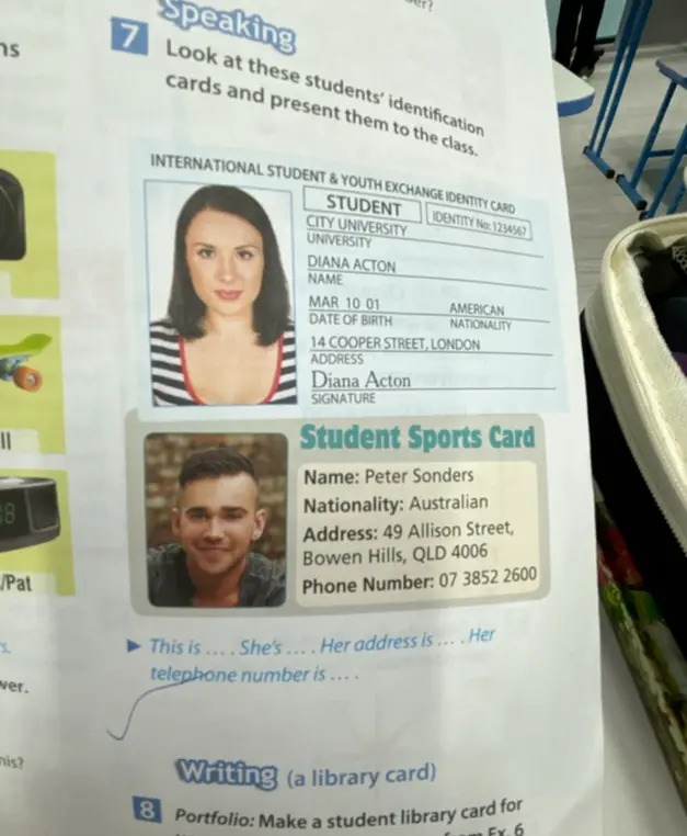 Ты можешь заполнить пропуски в предложениях 'This is... She's... Her address is... Her telephone number is...'?