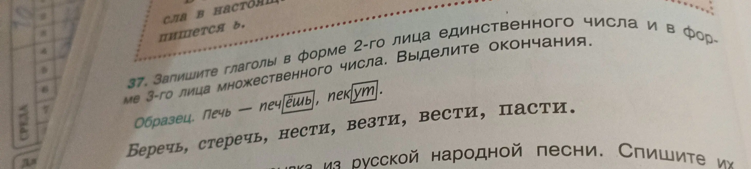 Запиши глаголы «беречь», «стеречь», «нести», «везти», «вести», «пасти» в форме 2-го лица единственного числа и 3-го лица множественного числа и выдели окончания