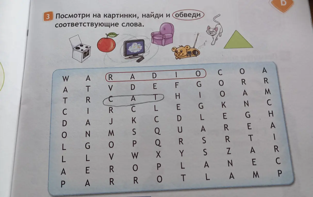 Посмотри на картинки, найди и обведи соответствующие слова