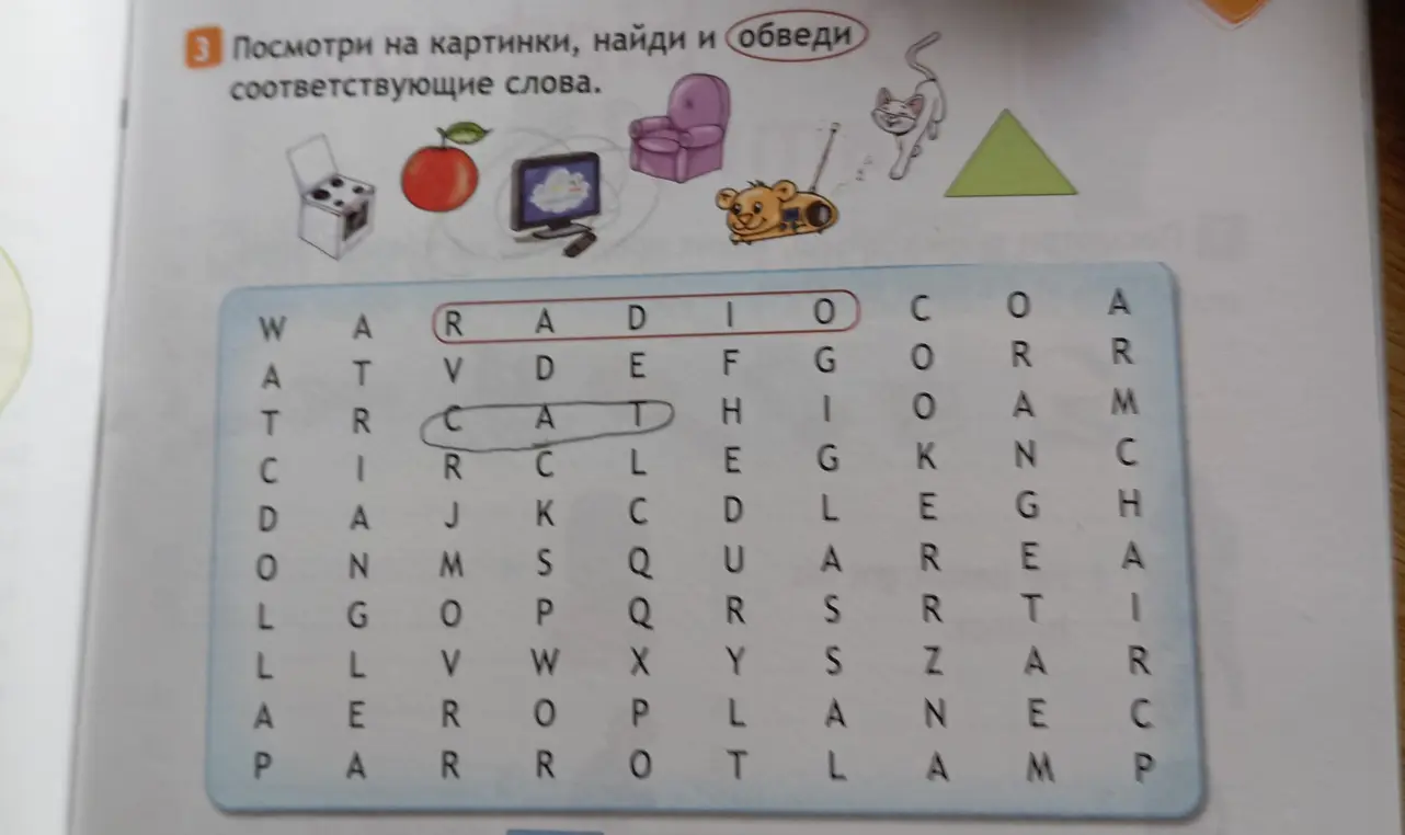 Посмотри на картинки, найди и обведи соответствующие слова.