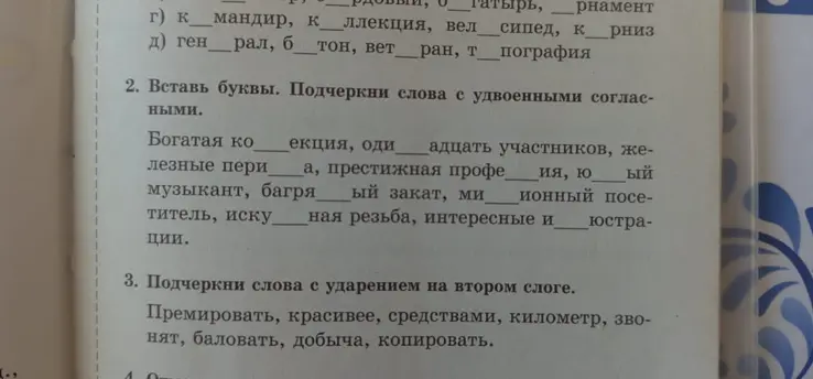 Помоги вставить буквы и подчеркнуть слова с удвоенными согласными в упражнении 2, а также подчеркнуть слова с ударением на втором слоге в упражнении 3