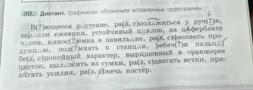 Вставь пропущенные буквы в слова и графически обозначь орфограммы в тексте: В(?)ющееся р..стение, ра(з, с)полжиться у руч(?)я, зар.сли ежевики, устойчивый циклон, на циферблате ч..сов, кинос(?)ёмка в павильне, ра(з, с)фасовать про-дукцию, под(?)ехать к станции, ребяч(?)и пальц бе(з, с)покойный характер, выращенный в оранжерее цветок, выложить из сумки, ра(з, с)двигать ветки, при-лягать усилия, ра(з, с)жечь костёр.