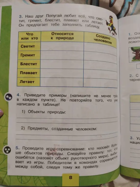 Предложи тебе заполнить таблицу и привести примеры объектов природы и предметов, созданных человеком.