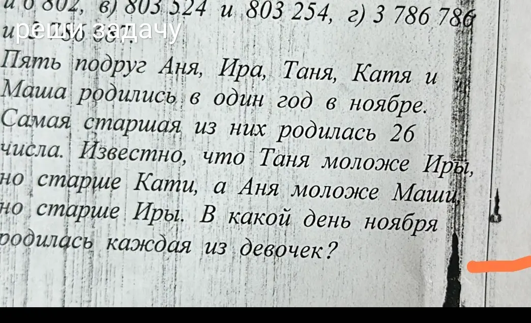 Помоги определить, в какой день ноября родилась каждая из пяти девочек, если известны некоторые условия об их возрасте
