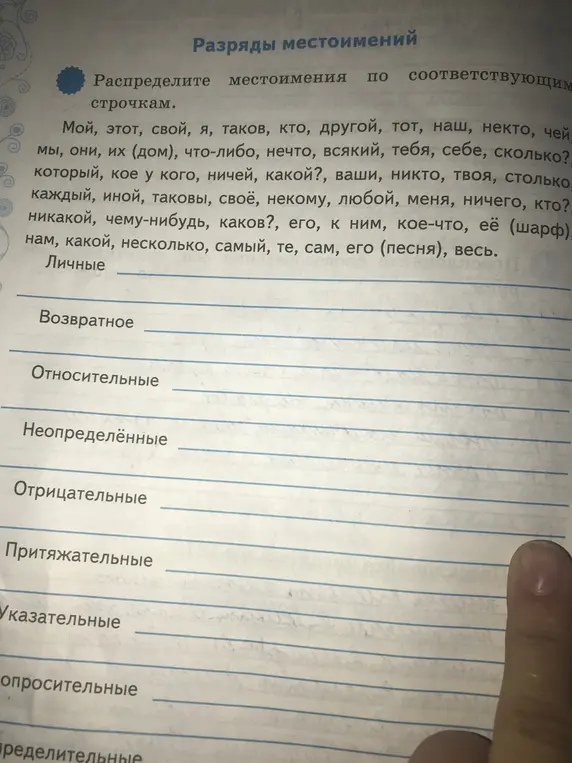 Распредели местоимения по соответствующим строчкам