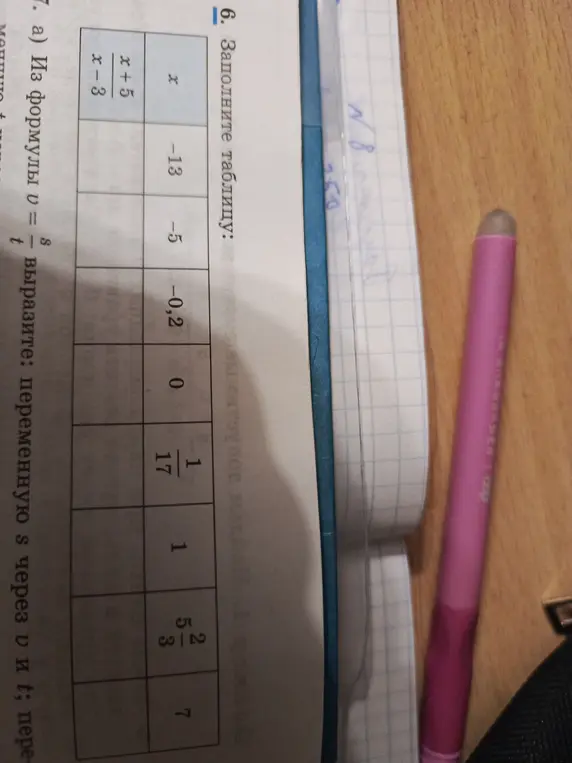 Помоги мне заполнить таблицу, где нужно вычислить значение выражения (x+5)/(x-3) при разных значениях x